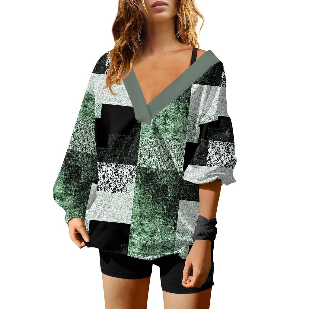 Женская мода V-образный вырез длинный рукав принтованный свободный пуловер свитшот топ