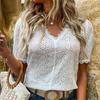 Elegant White Women Lace Blouse Plus Size Hollow Shirts Women Summer Puff Sleeve Tops Vintage Fashion V-neck Solid Shirt 21385