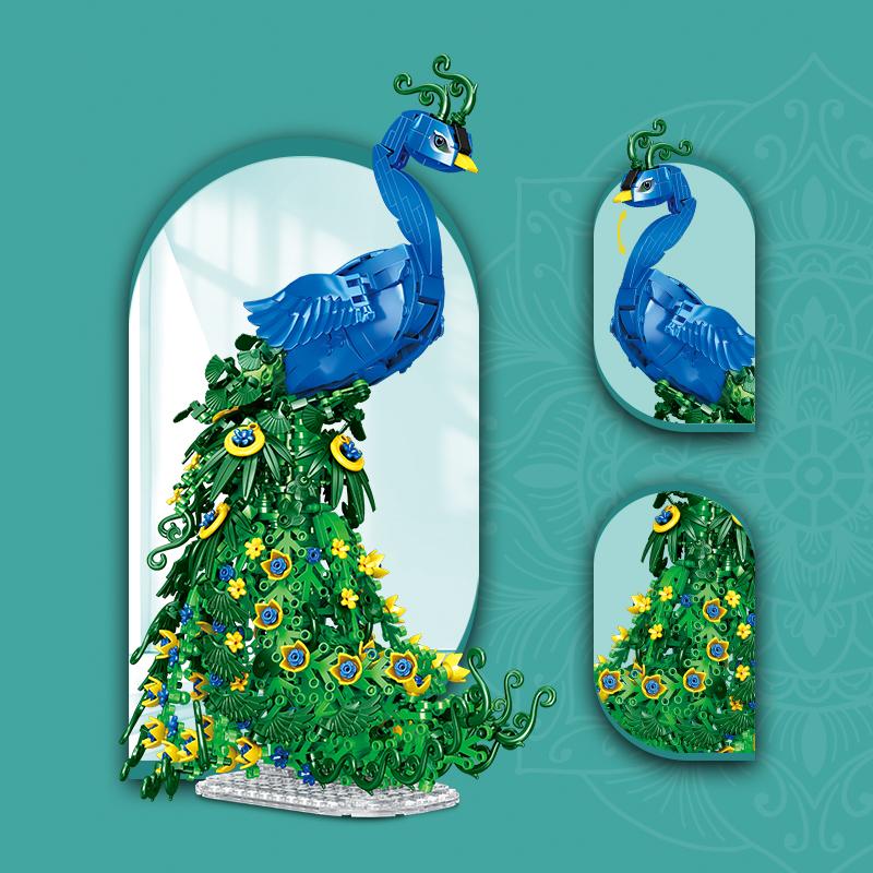 Non-Toxic 807Pcs Beautiful Peacock Building Blocks Set 3D Models Animals Birds Kids Toys New Year Decorations Gifts Sets