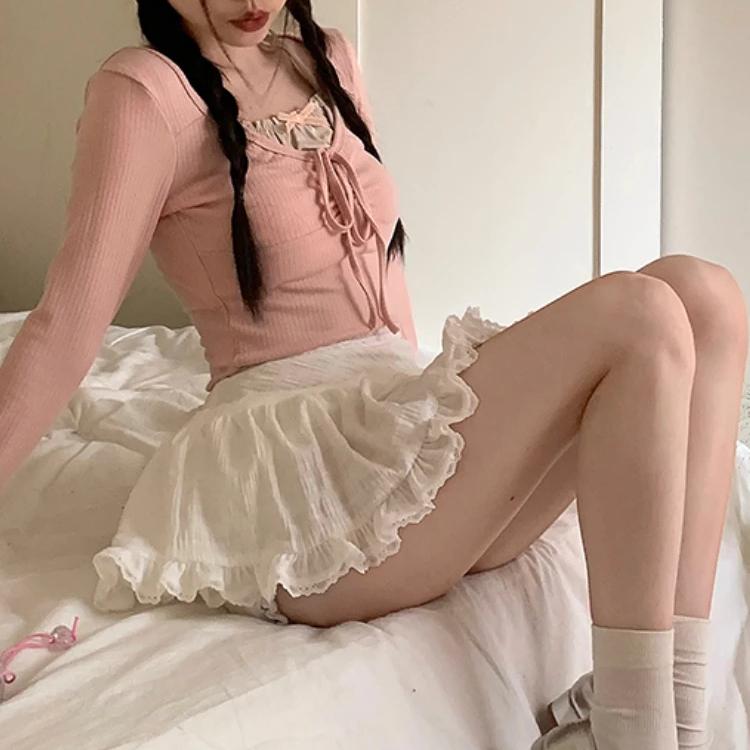 Kawaii белая мини-юбка женская летняя сказочная сексуальная высокая талия с рюшами кружевная сетка лоскутная юбка трапециевидной формы шорты корейские