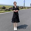 Women's Summer Slim Fit Polka Dot Chiffon Dress with High Waist and V-neck for Slimming Effect, Floral A-line Skirt