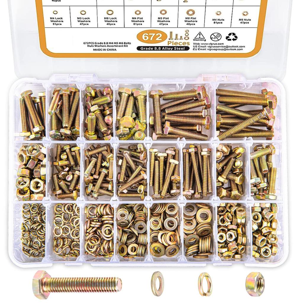 672 pieces of 8.8 grade M4, M5, M6 metric bolt and nut sets, heavy-duty hexagon head bolt and nut sets, including 13 metric size