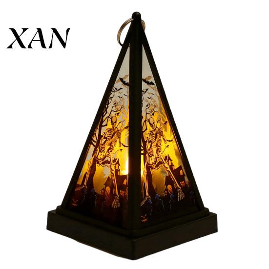 Retro Triangular Wind Lantern Halloween Vintage LED Candle, Spooky Pumpkin Witch Tabletop Decor with Party Atmosphere Lamp Metal Hanger, Electronic
