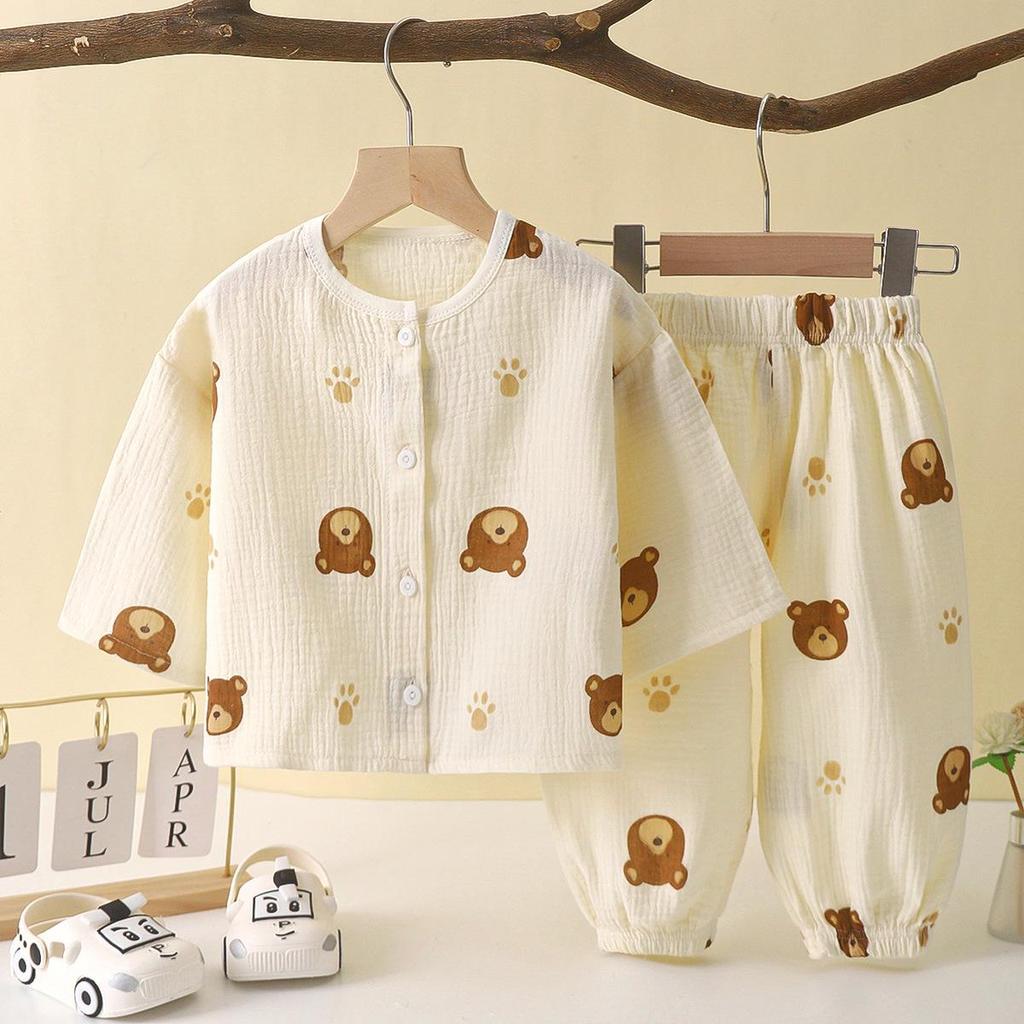 Children's Cotton Gauze Pajamas Set - Summer Long-Sleeve with Lantern Pants