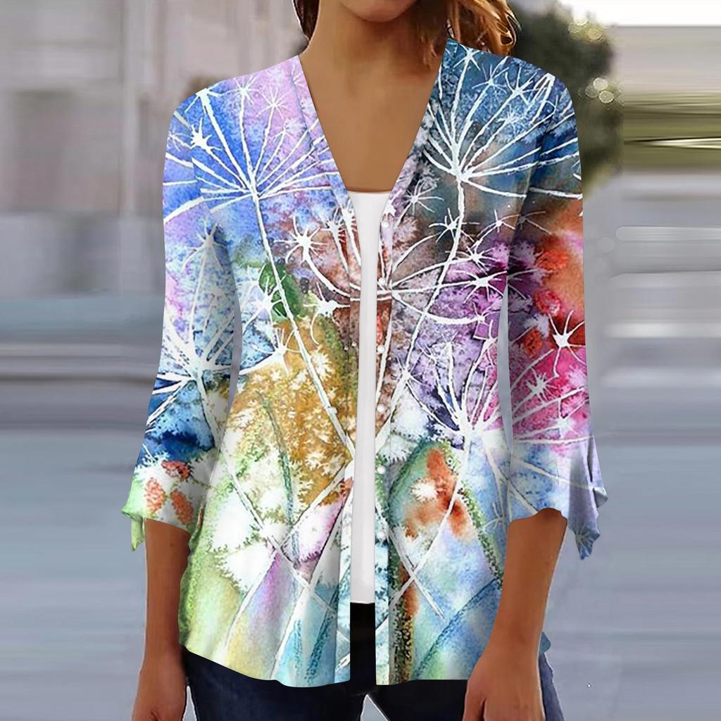 Женская модная свободная повседневная блузка на пуговицах с рукавами из семи частей и принтом, кардиган, топ