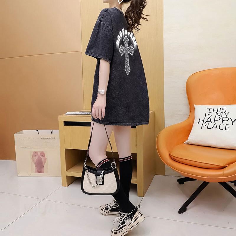 Женская летняя выстиранная под старину базовая свободная футболка средней длины с модным принтом и коротким рукавом