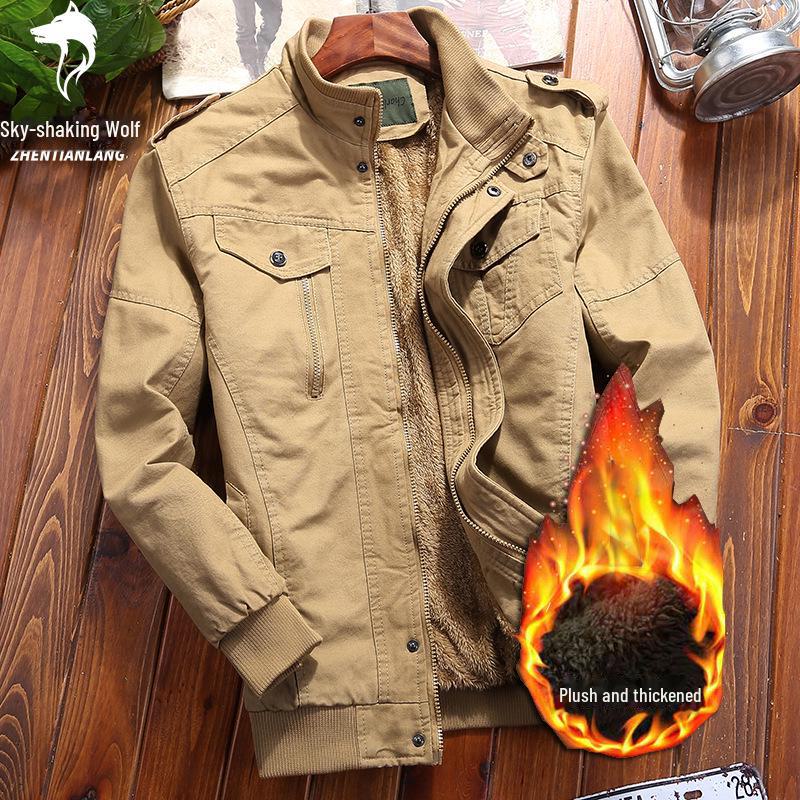 Men's Military-Style Washed Cotton Jacket with Velvet Lining