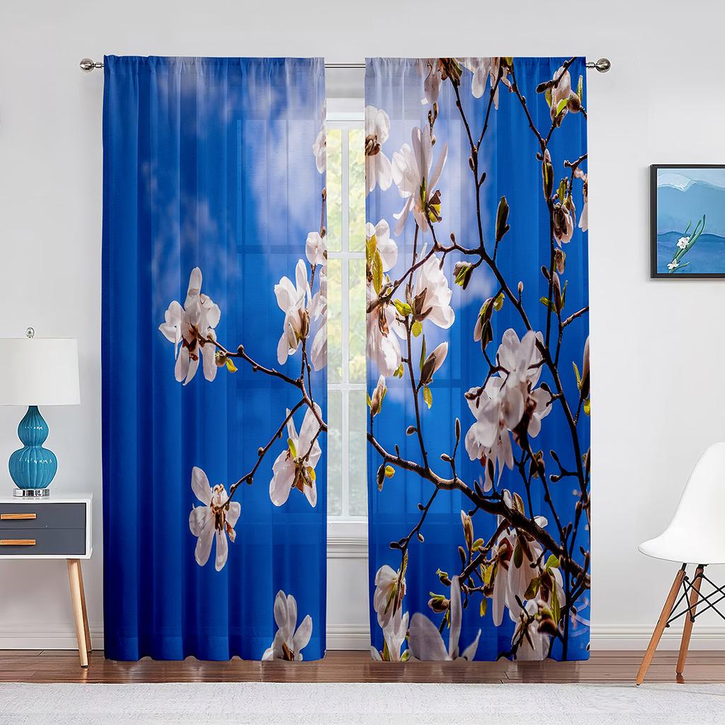 Pink Magnolia Spring Flowers Sheer Curtains for Living Room Bedroom Kitchen Hotel Decoration Chiffon Tulle Voile Window Curtain