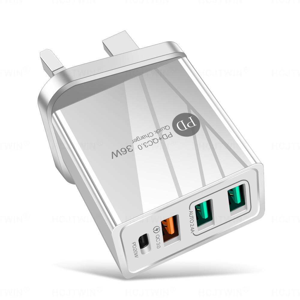 Универсальное зарядное устройство для мобильных телефонов 4А: 3-портовый USB-адаптер с поддержкой PD 20 Вт + 2,4 А