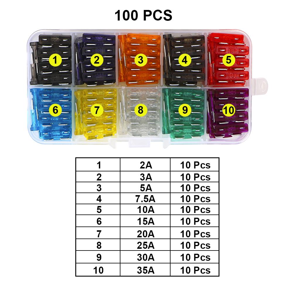 Car Truck Fuses 2A 3A 5A 7.5A 10A 15A 20A 25A 30A 35A 40A Amp 50/100 Pcs Auto Blade Type Fuse Set Clip Assortment with Box
