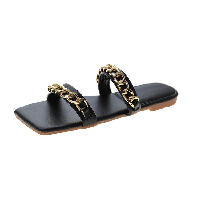 Chain Women Flats Slippers Designer Sandals New Square Toe Shoes Slingback Ladies Slides Summer Casual Women Flip -Flops