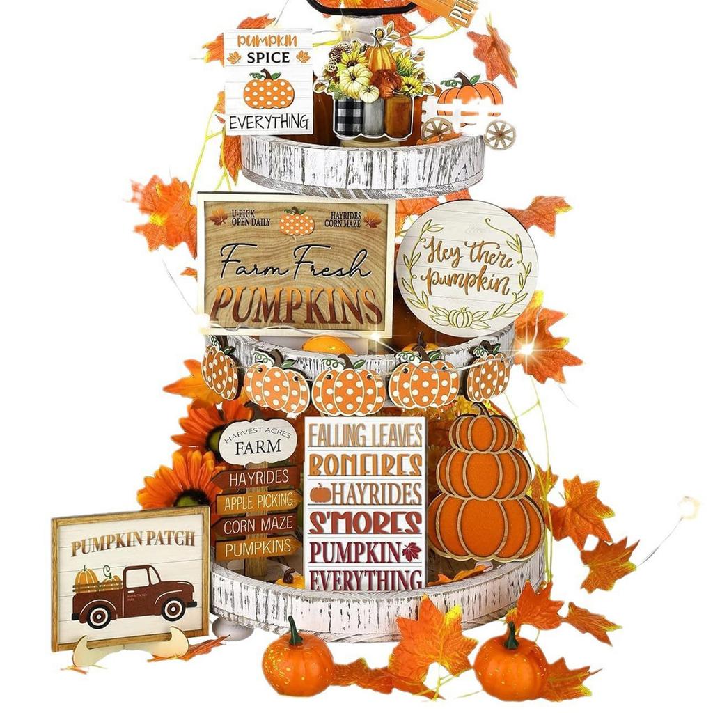 Owis Fall Tiered Tray Decorations Set For Thanksgiving, Pumpkin Truck Wooden Tabletop Decor