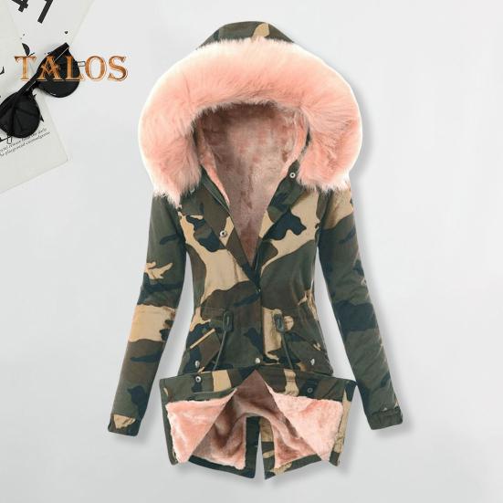 Женский зимний пуховик с искусственным мехом, флисовой подкладкой, застежкой-молнией на кнопках, ветрозащитная куртка средней длины с камуфляжным принтом, приталенная верхняя одежда