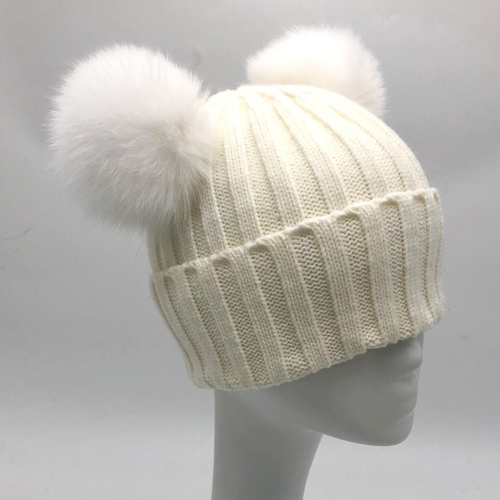 Custom Labels Double Pom Pom Baby Toddler Children Winter Beanie Knitted Hats With Fur Pompom