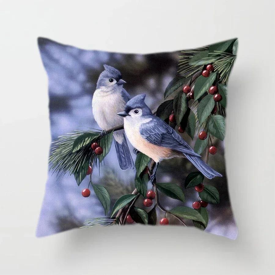 Cute Bird And Flower Pattern Double-Sided Printed Pillow Cover Short Plush Suitable Living Rooms Bedrooms Throw Cushion Cover