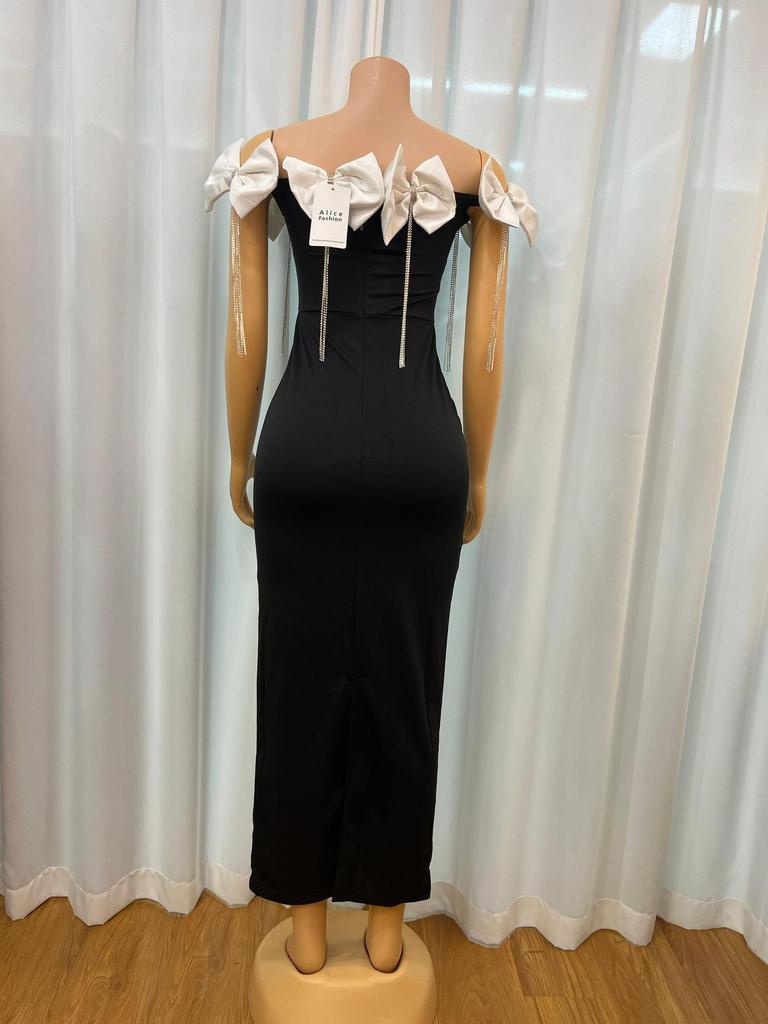 European & American One-Shoulder Rhinestone Bow Tassel Dress