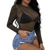 Women Tops Lace Garmented Half-High Neck Long Sleeve T-shirt Solid Color See-through Mesh Yarn Bottoming Tops