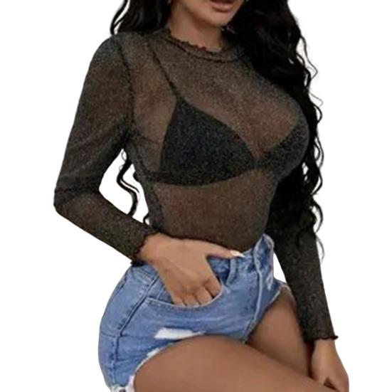 Women Tops Lace Garmented Half-High Neck Long Sleeve T-shirt Solid Color See-through Mesh Yarn Bottoming Tops