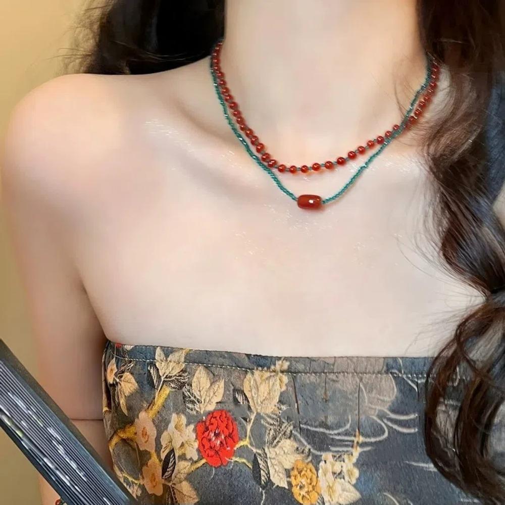 Zinc Alloy Neck Chain Red Blue Contrast Beads Strand Chokers Aesthetic Jewelry