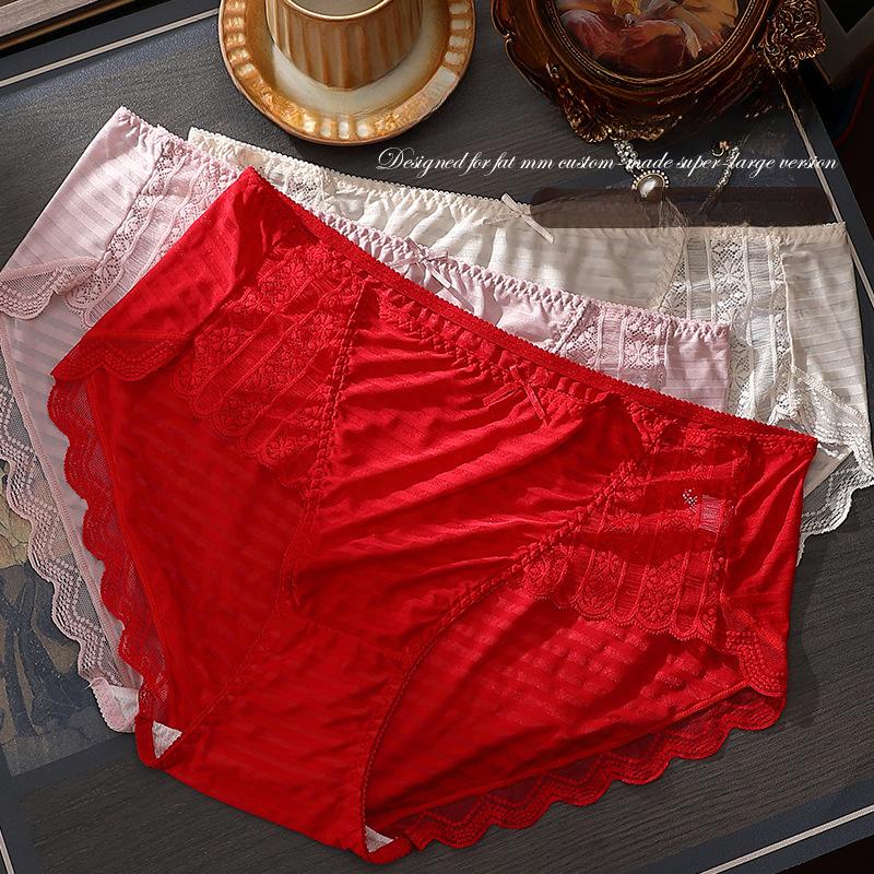 Women's Underwear Plus Size Panties Solid Color Simple Japanese Thigh Less Lace Edge Mid High Waist Triangle Panties