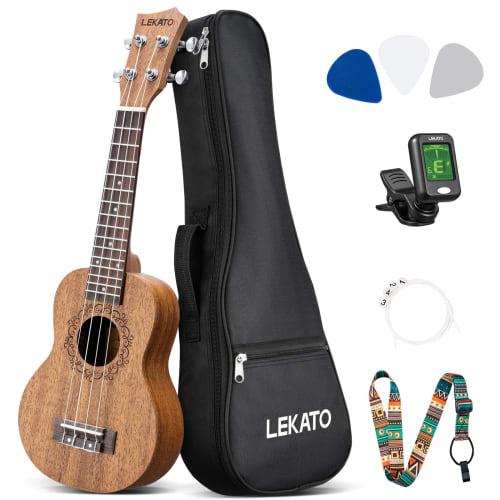LEKATO 21-inch Soprano Ukulele Starter Kit for Beginners, Sapele Professional Hawaiian Guitar, for Adults and Kids, Includes Gig Bag, Strap, Strings,