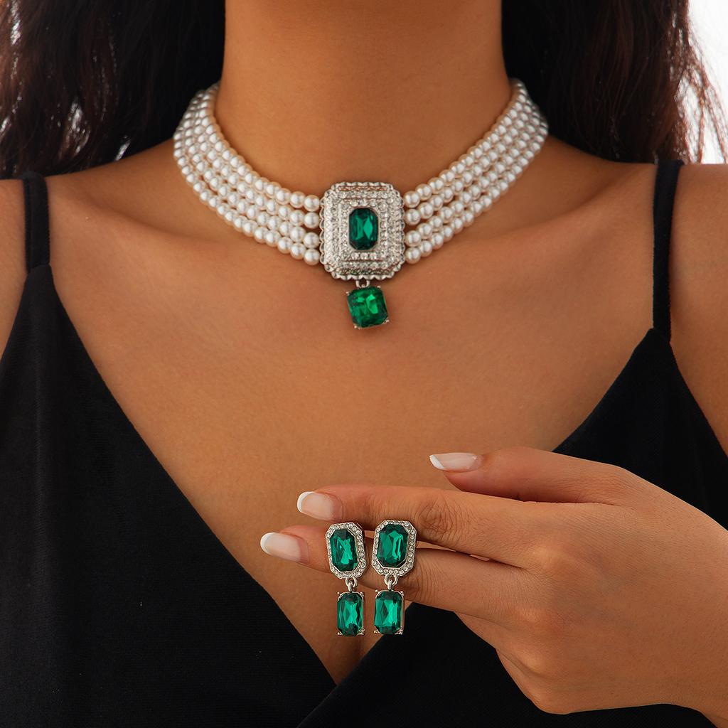 SHIXIN 2Pcs Luxury Multilayer Imitation Pearl Choker Necklace Earrings Bridal Green Rhinestone Neck Chain Wedding Jewelry Set
