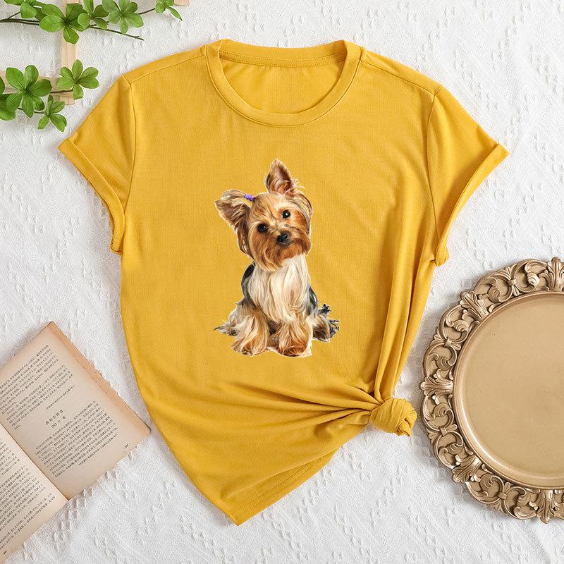 Летние женские свободные футболки с круглым вырезом и принтом собаки из чистого хлопка с короткими рукавами для женщин