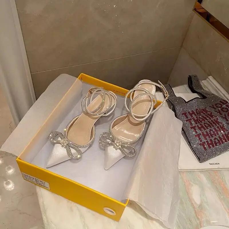 Женская обувь на высоком каблуке, новая женская обувь на тонком высоком каблуке, вечерние туфли для выпускного вечера, атласные летние туфли с кристаллами и бантом, Zapatos Para Mujeres