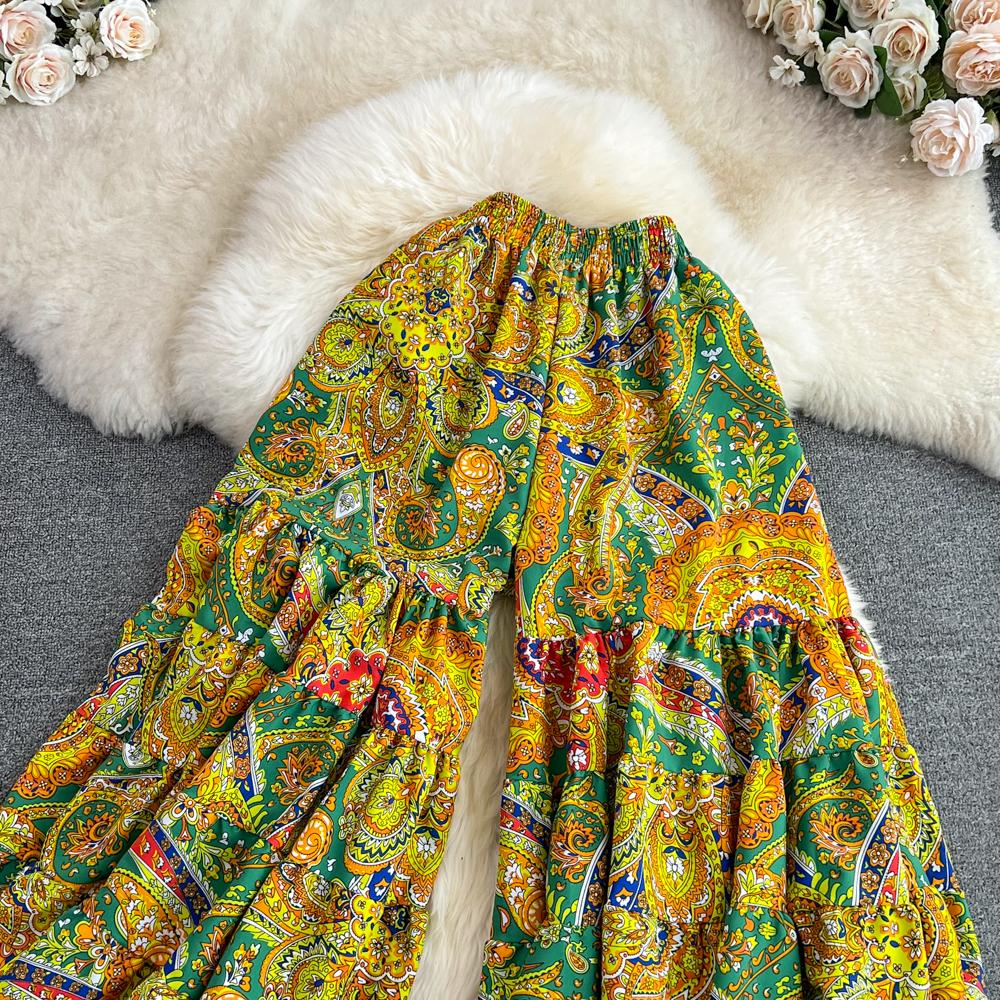 Summer Bohemian Vacation Beach Pants Elegant High Elastic Waist Wide Leg Printed Trouser Casual Flare Fladas New Fashion