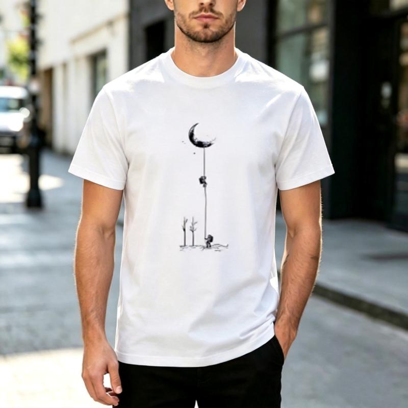 Harajuku Trendy Graphic Crew Neck T Shirt Minimalist Moon Climb Art Print Short Sleeve Tee Cotton Casual Unisex Unisex Streetwear