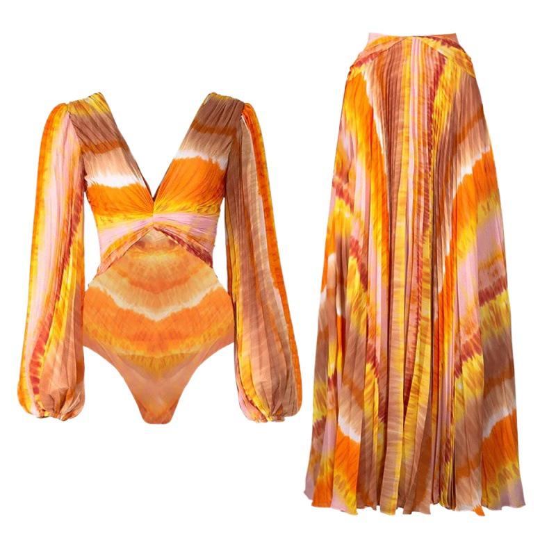 Комплект слитного купальника с длинными рукавами и V-образным вырезом - Европейский и американский принт для приморского отдыха