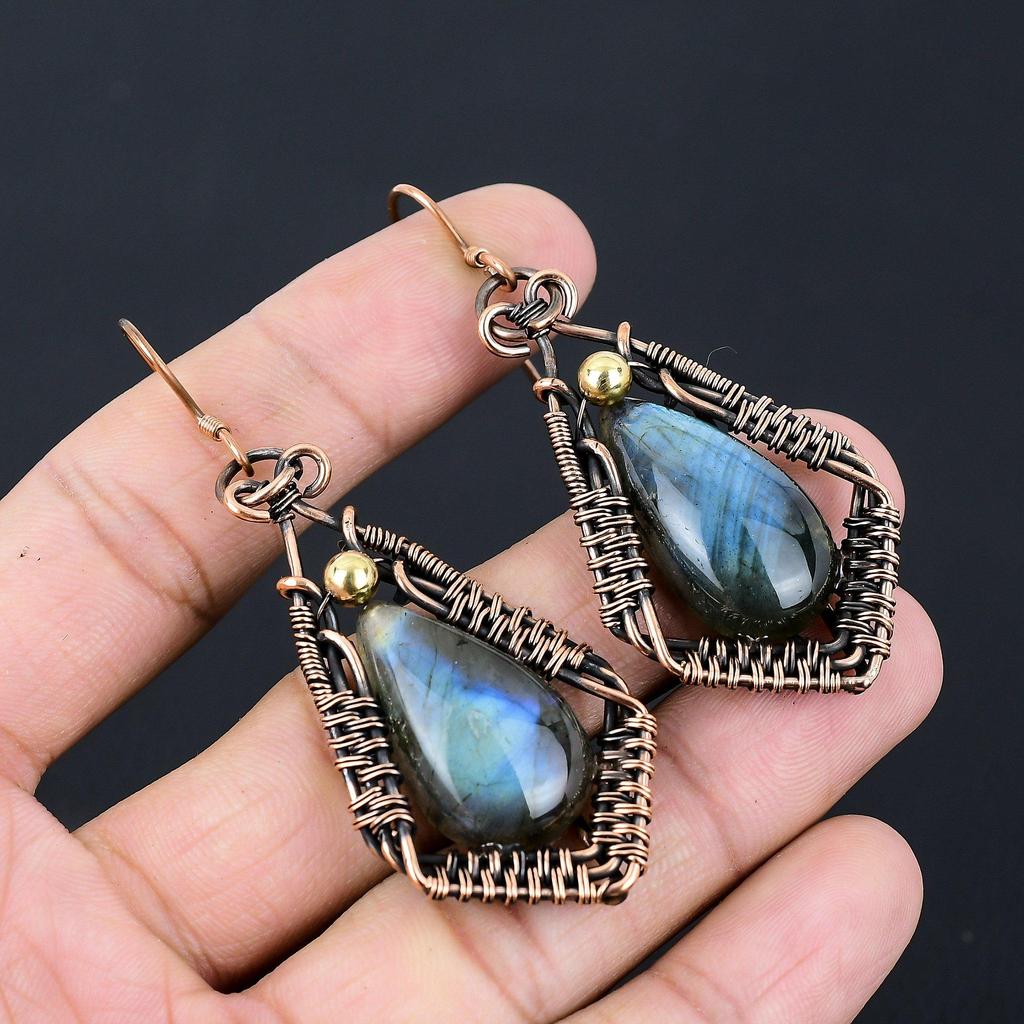 Лабрадорит, драгоценный камень, серьги ручной работы из чистой медной проволоки, обернутые ювелирными изделиями на День Благодарения