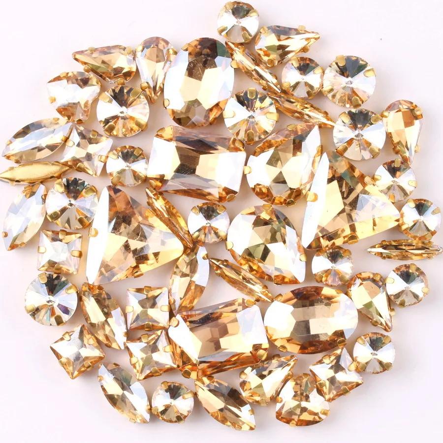 50pcs/Bag Glitter Mixed Shape Sew On Glass Rhinestone Gold Claw Crystal Buckle Diy Wedding Decoration Accessories
