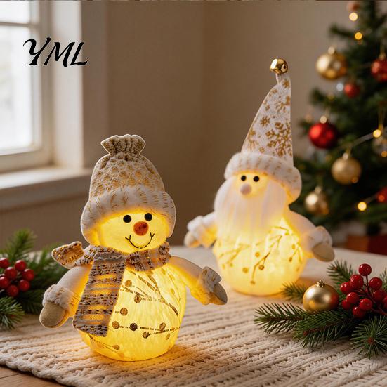 Plush Santa Claus Doll Christmas LED Ornaments, Light Up Elk Snowman Tabletop Decor Decoration, Cute Stuffed Toy for Table Holiday Party Tree Figurine