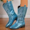 Cowboy Boots for Women Anti-Slip Mid Calf Cowgirl Boots Embroidered Western Pointed Toe Chunky Block Heel Booties Women's Wide Calf Pull On Boots