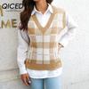 QICED Женская мода, повседневный клетчатый принт, осенне-зимние вязаные жилеты без рукавов с v-образным вырезом