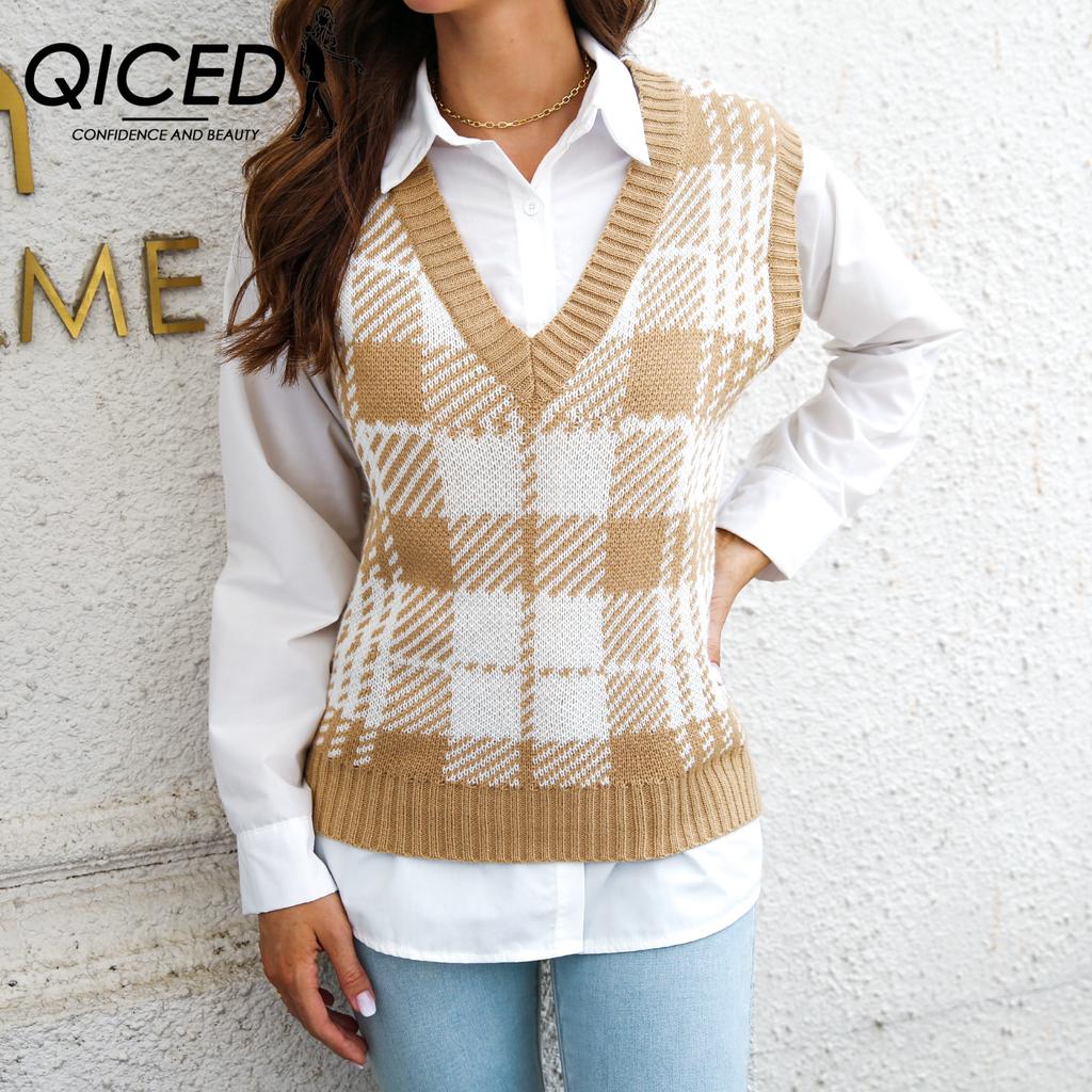 QICED Женская мода, повседневный клетчатый принт, осенне-зимние вязаные жилеты без рукавов с v-образным вырезом