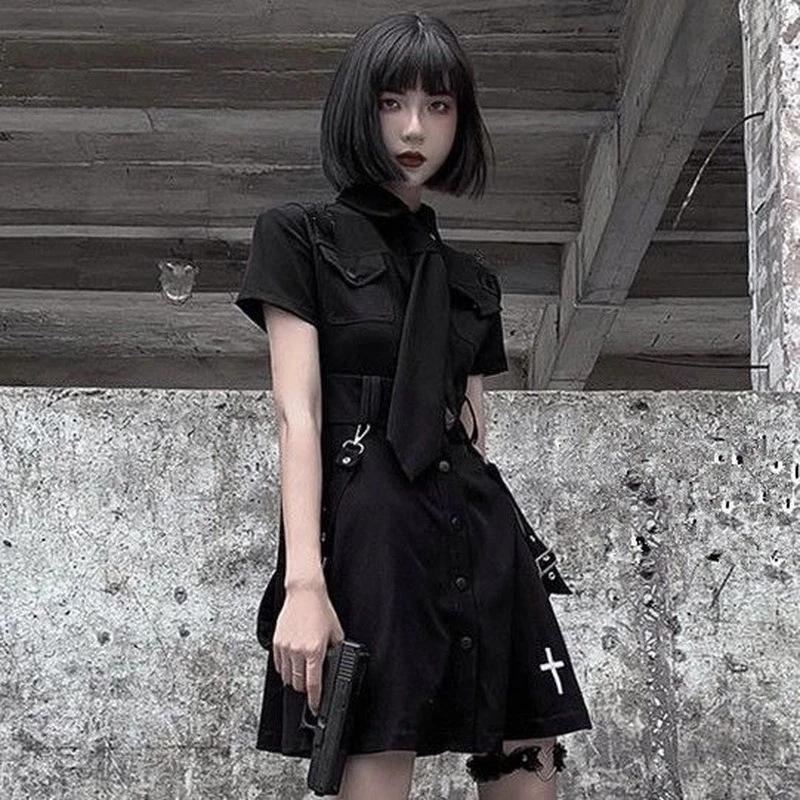 Women Black Y2k Dress French Cross Embroidery Punk Dark Dress JK Uniform College Style Gothic Street Skirt