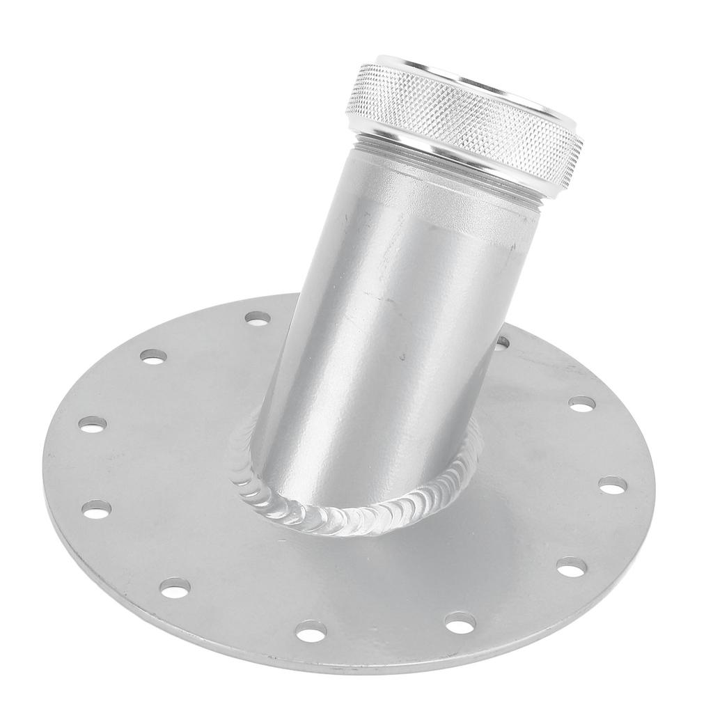 45 Degree Fuel Cell Filler Neck with 12 Bolt Steel Base Aluminum Cap 1.5in Inner Diameter Silver