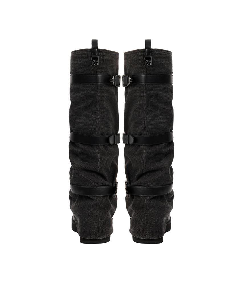 Treemingbird Bold Wrinkled Belted Long Boots [ Black ]