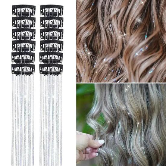 12Pcs Wig Clip-in Metallic Extensions Deep Purple Glitter Lightweight 20 Inch Long Wig Easy Attach Hair Extensions
