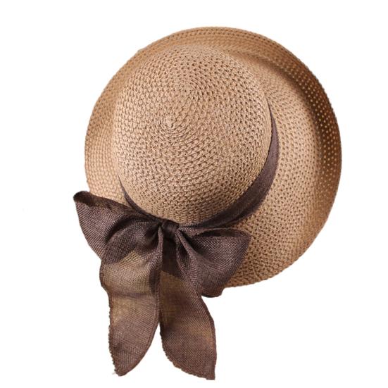 Ribbon Bowknot Decor Straw Hat Round Dome Solid Color Folding Women Big Brim Sunscreen Travel Hat Fashion Accessories