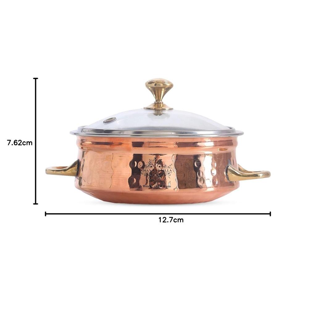 Steel Copper Handi with Brass Handle & Glass Lid No. 3, Serveware Casserole with Handle (Volume - 700 Ml)