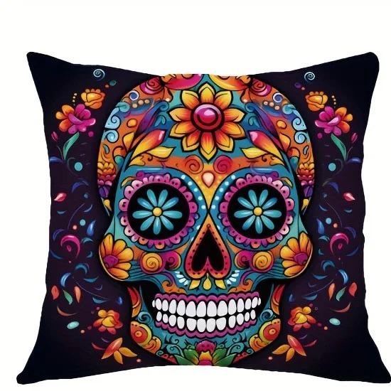 Spooky Halloween Pillow Covers 45x45cm - Colorful Sugar Skull Printed Cushion Cases, Pillow Cover for Sofa Living Room