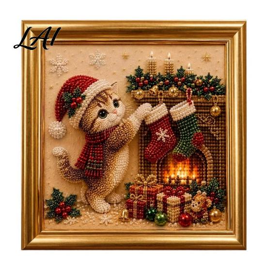 Relaxing Handmade Faux Pearl Sets Christmas Cat Art Kit with Frame Kitty Painting DIY Decorative Supplies Kit 3D Bead Wall Craft for Adults