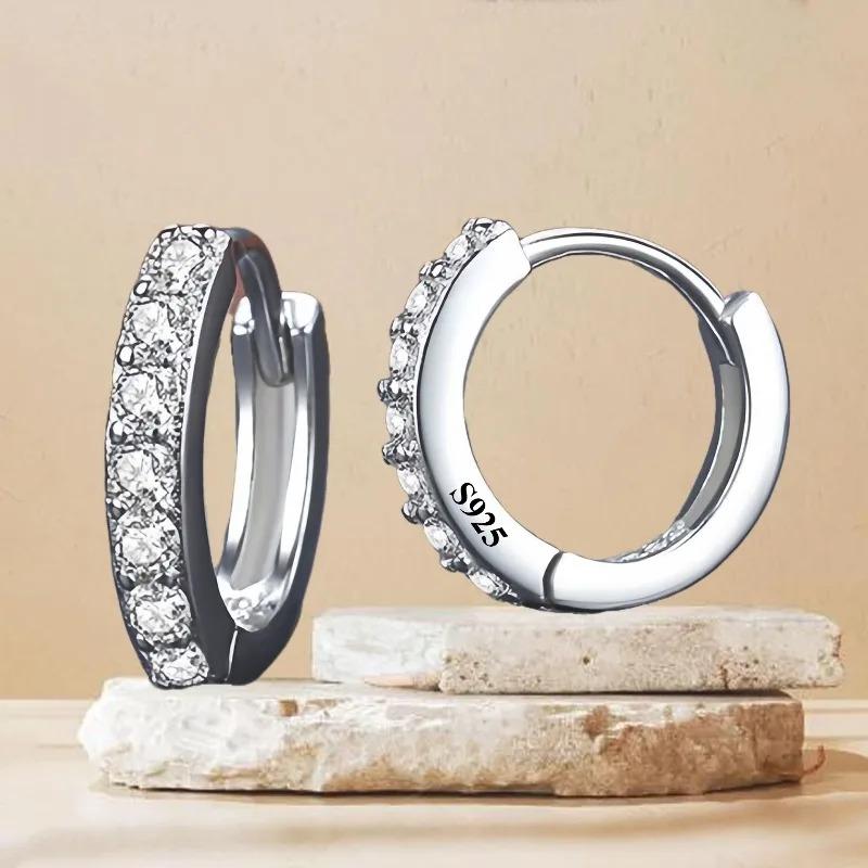Серьги-кольца из серебра 925 пробы со стразами для женщин Изысканные круглые серьги Минимализм Повседневное ношение Модные украшения