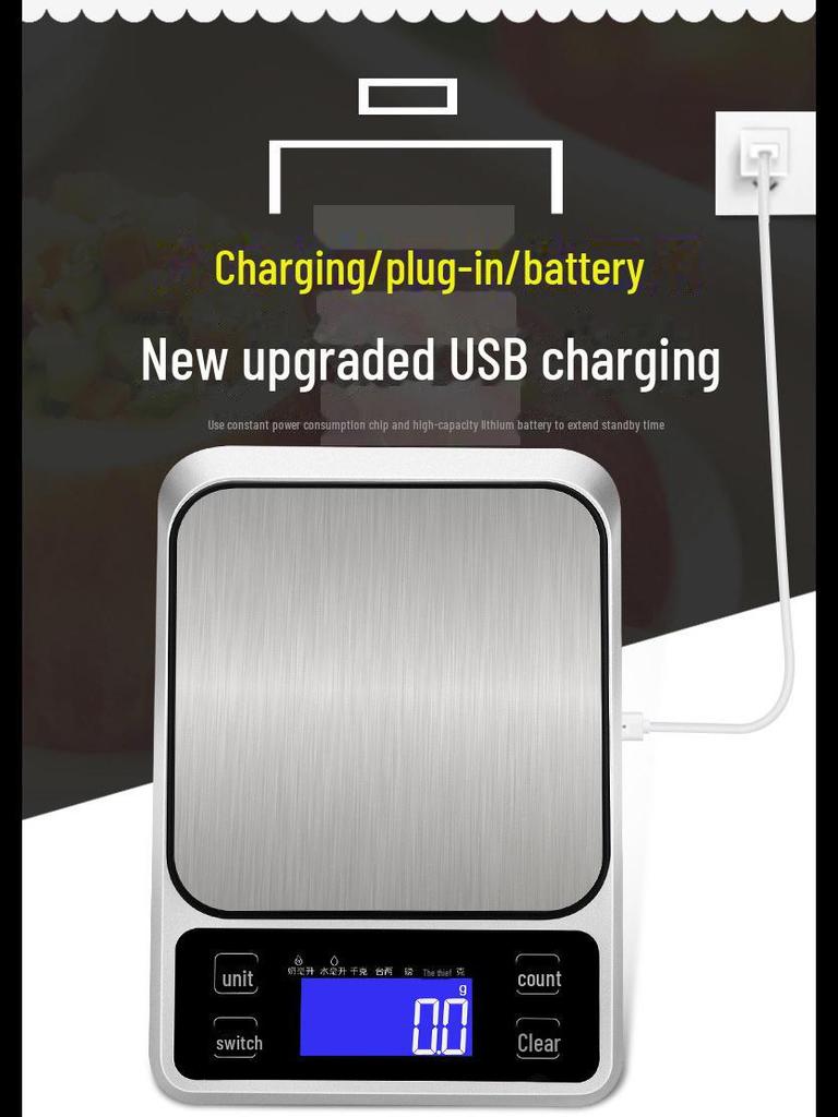 Rechargeable 10kg Stainless Steel Kitchen Scale, Accurate To 0.1g, for Food and Baking