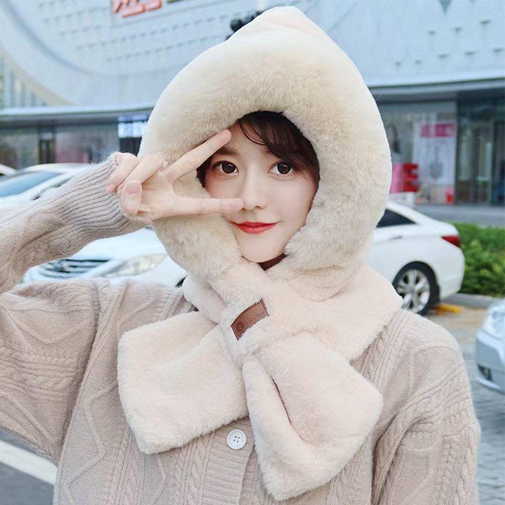 Thickening Integrated Cap Scarf Plush Neck Warmer Winter Ear Protection Cap for Women