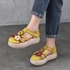 Retro Flower Round Toe Sandals For Women's Genuine Leather Thick Soled Hollow-out Roman Shoes