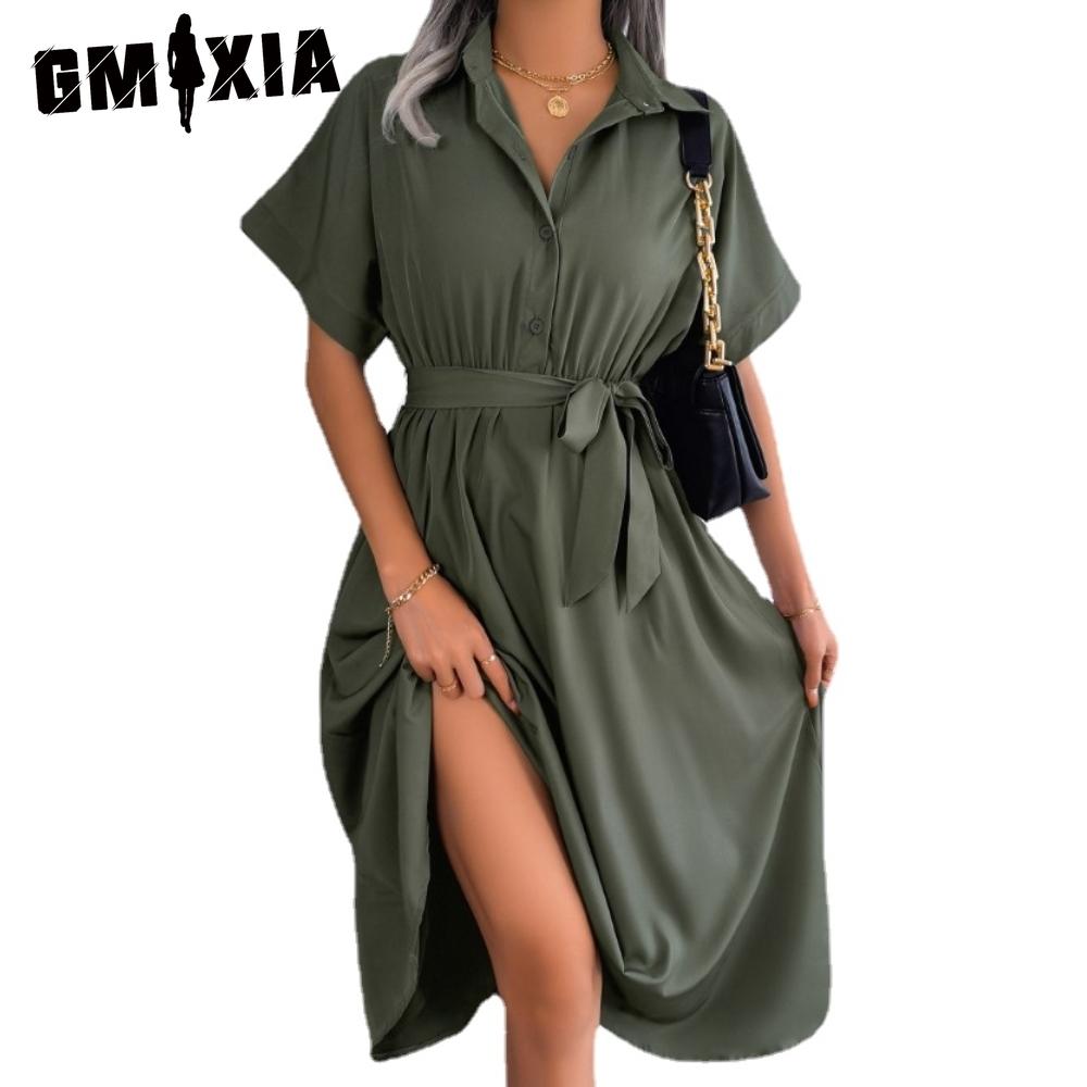 GMXIA Женская мода лето весна повседневные платья с короткими рукавами и лацканами с высокой талией